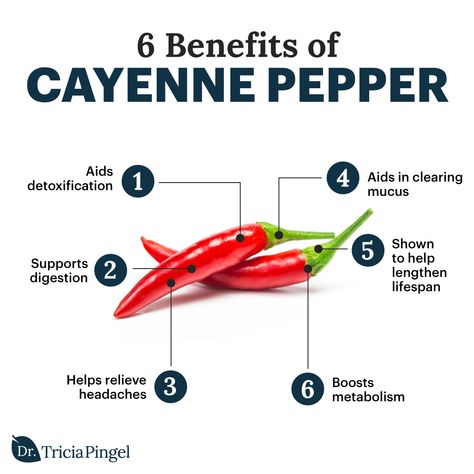 Cayenne pepper is having a bit of a moment—largely thanks to its natural health benefits. From boosting your metabolism to supporting digestion to helping to clear mucus, it's one powerful pepper! Plus, there's nothing better than adding a spicy kick to give your favorite dish a little extra oomph! Check out the graphic and then head over to drpingel.com to learn all about cayenne pepper and ways you can use it. Benefit Of Cayenne Pepper, Cayenne Benefits, Pepper Health Benefits, Benefits Of Cayenne Pepper, Cayenne Pepper Benefits, Pepper Benefits, Clear Mucus, Healthier Meals, Headache Prevention