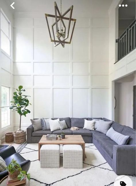 Tall Walls Living Room Decor, Minimal Hall, Shape Sofa Living Room, L Shape Sofa Living Room, Tall Ceiling Living Room, Neutral Modern Living Room, Tall Wall Decor, Large Wall Decor Living Room, High Ceiling Living Room