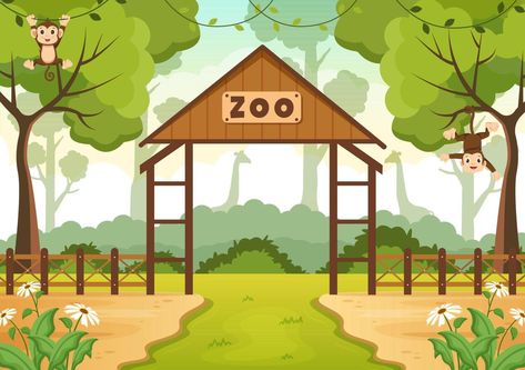 Zoo Cartoon Illustration with Safari Animals Monkey, Cage and Visitors on Territory on Forest Background Design Animal Cartoon Background, Zoo Background, Zoo Cartoon, Zoo Clipart, Monkey Cage, Cartoon Zoo Animals, Animals Monkey, Forest Cartoon, Zoo Design