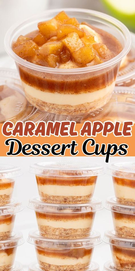 Skip the slice and prepare your pie in portable salted caramel apple dessert cups instead! We’ve made this snack mini-sized so you can eat your goodie on the go! No oven needed! 2oz Dessert Cups, Pretzel Salad Cups, Apple Pie Dessert Cups, Thanksgiving Dirt Cups, Individual Snack Ideas, Mini Apple Dessert Cups, Individual Fall Desserts In A Cup, Tailgate Dessert Ideas, Caramel Apple Shooters