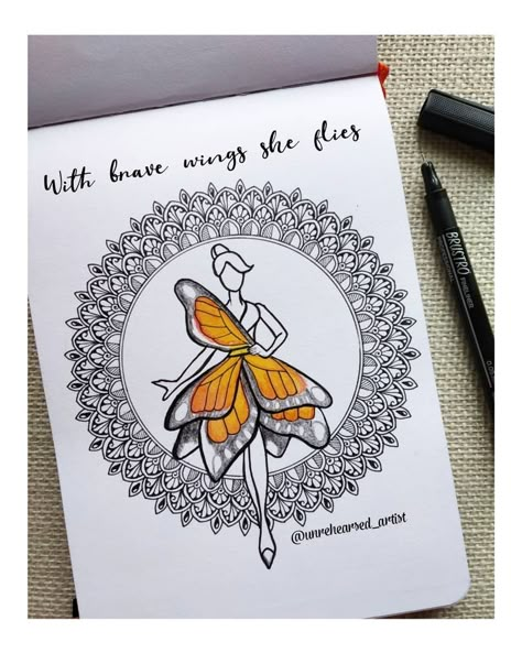 With Brave Wings She Flies, Spread Your Wings And Fly, Mandala Book, Journal Mixed Media, Brave Wings, Easy Mandala Drawing, Butterfly Mandala, Boho Art Drawings, Mandala Art Therapy