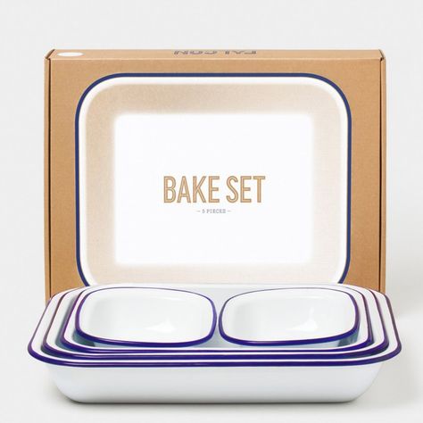 Falcon Enamelware - Five Piece Enamel Bake Set - Blue/White Falcon Enamelware, Electric Hob, Wedding Gift List, Roast Turkey, Summer Barbecue, Baking Set, Freezer Friendly, Tea Stains, Wedding Gifts For Couples