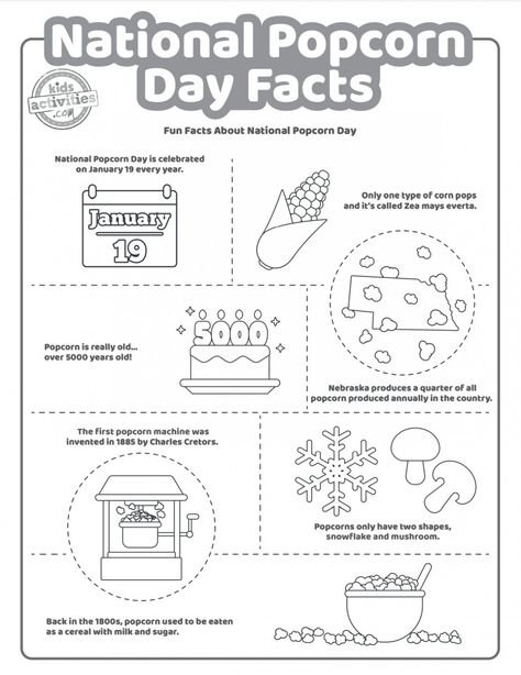 National Popcorn Day Activities, National Popcorn Day Ideas, Popcorn Day At School, Popcorn Worksheets, Popcorn Day Activities, Popcorn Activities For Kids, National Days In January, Popcorn Facts, National Popcorn Day