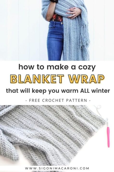 This Cozy Hygge Blanket Wrap is a free beginner friendly crochet pattern and it is so much fun to make! It's easy, only using half double crochet stitches, with a little bit of added texture. Blanket wrap, blanket scarf, HUGE scarf.. call it what you will. You are going to love being wrapped up in it this winter! Blanket Scarf Crochet Pattern Free, Crochet Pashmina Pattern Free, Crochet Blanket Shawl Pattern Free, Crochet Blanket Scarf Pattern Free, Blanket Scarf Crochet, Hygge Blanket, Hygge Yarn, Hygge Blankets, Crochet Blanket Shawl