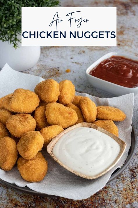 Plate with chicken nuggets that were cooked in the air fryer. Freezer Chicken Nuggets, Chicken Nuggets In Air Fryer, Nuggets In Air Fryer, Chicken Nuggets Air Fryer, Nuggets Air Fryer, Air Fried Chicken Nuggets, Gluten Free Chicken Nuggets, Air Fryer Chicken Nuggets, Frozen Sweet Potato Fries