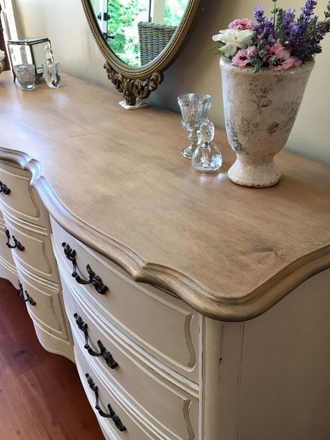 Refinished French Provincial dresser. Provincial and dark walnut stain by Minwax, sanded down and finished off with white wax. By Fynbos Co. Decor Provincial Dresser, French Provincial Dresser, Provincial Furniture, French Provincial Furniture, Transforming Furniture, Shabby Chic Dresser, Furniture Rehab, Dark Walnut Stain, White Wax