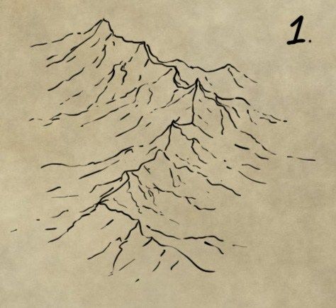 How to illustrate a mountain range for a fantasy map by fantasticmaps.com Mountain Sketches, Worldbuilding Tips, Mountain Sketch, Maps Aesthetic, Map Sketch, Map Drawing, Fantasy Map Making, Map Symbols, Fantasy World Map