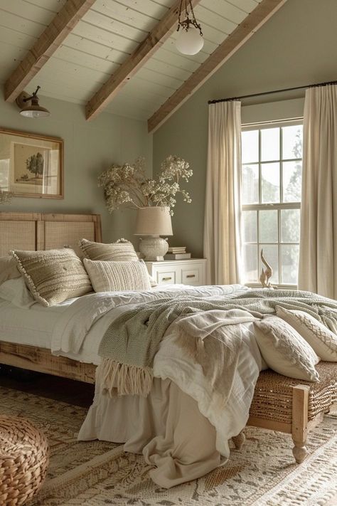 Sage Green Farmhouse Bedroom, Green Farmhouse Bedroom, Sage Green Farmhouse, Sage Bedroom, Taupe Bedroom, Green Farmhouse, Farmhouse Bedroom Ideas, Sage Green Bedroom, Sage Green Walls