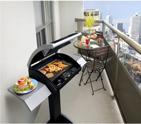 If you're gonna have a Condo or Apartment in the city, you still get to grill! Nifty! Electric Bbq Grill, Balcony Bar, Balcony Grill, Propane Grill, Built In Grill, Electric Grill, Apartment Balconies, Small Patio, Outdoor Kitchen Design