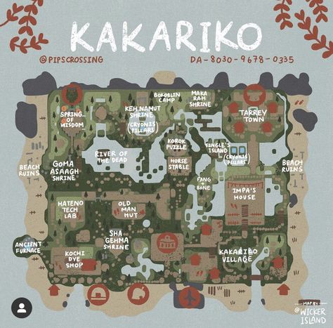 Animal Crossing Zelda Island, Acnh Zelda, Acnh Maps, Zelda Map, Kakariko Village, Dream Code, Motif Acnl, Village Map, Map Layout