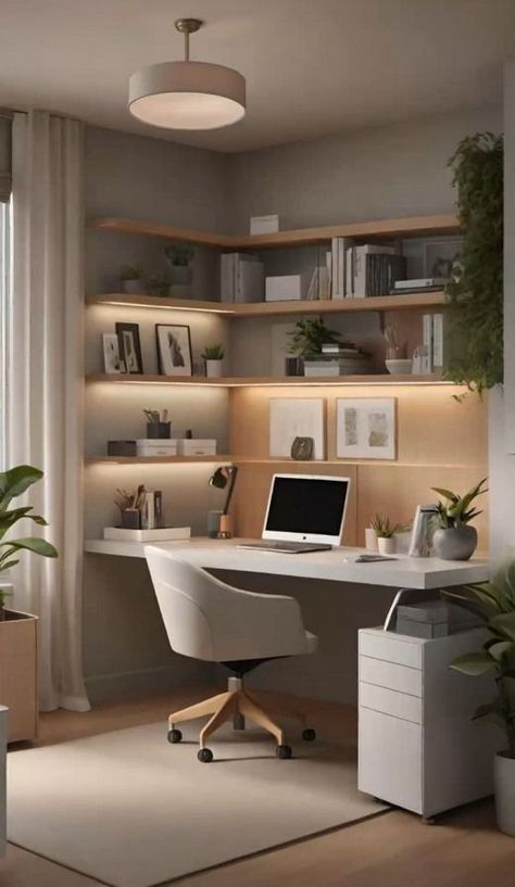 Desk In Corner Facing Out, Neutral Tone Office Space, Personal Office Aesthetic, Scandinavian Home Office Ideas, Consult Room Design, Office Studio Ideas, Living Room With Work Space, High Tech Home Office, Organic Modern Home Office