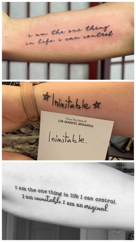 Talk Less Smile More Tattoo, Lin Manuel Miranda Tattoo, I Am Loving Myself Out Of The Dark Tattoo, Hamilton Matching Tattoos, I Am Inimitable I Am An Original Tattoo, Small Broadway Tattoos, Hamilton Wait For It Tattoo, Hamilton Tattoos Musical, Musical Theater Tattoos Ideas