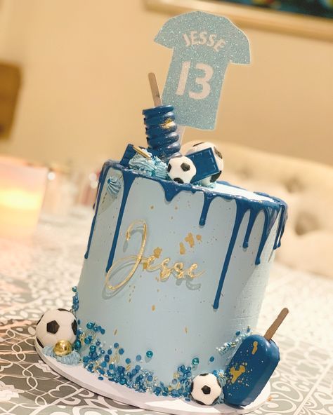 Blue Soccer Cake, Soccer Themed Birthday Cake, Soccer Themed Cake, Boys 18th Birthday Cake, Football Cake Design, Soccer Cakes, Birthday Aesthetics, Football Themed Cakes, Soccer Birthday Cakes