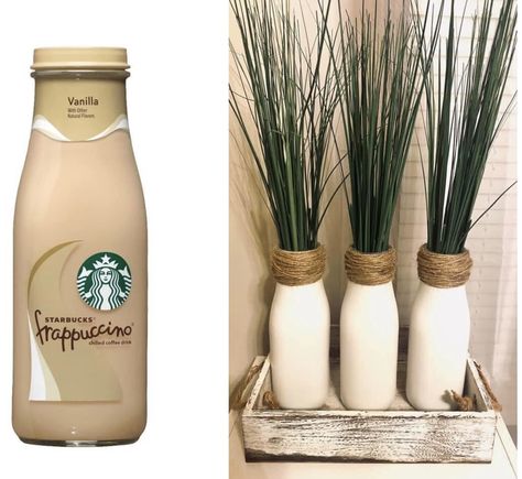 Diy Starbucks Bottles Ideas, Starbucks Glass Bottle Crafts Diy, Califia Bottle Crafts, Starbucks Glass Bottle Crafts, Starbucks Glass Bottles, Starbucks Bottle Crafts, Milk Bottle Craft, Empty Liquor Bottles, Glass Bottle Decor