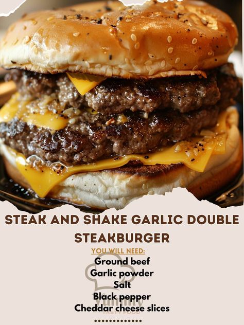 🍔🧄 Indulge in the ultimate Steak and Shake Garlic Double Steakburger! #SteakBurger #GarlicLovers Steak and Shake Garlic Double Steakburger Ingredients: Ground beef (1 lb) Garlic powder (1 tbsp) Salt (1 tsp) Black pepper (1 tsp) Cheddar cheese slices (4) Burger buns (4) Butter (2 tbsp) Minced garlic (2 cloves) Instructions: Mix ground beef, garlic powder, salt, and pepper; form into patties. Cook patties in a skillet over medium heat until browned. Top with cheese slices; let melt. Toast b... Garlic Overload Burgers, Steak And Shake Garlic Burger, Deer Recipes, Burger Buns, Red Meat, Minced Garlic, Black Pepper, Garlic Powder, Skillet