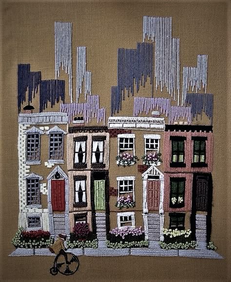 Cityscape Embroidery, Architecture Embroidery, Architectural Embroidery, Couching Embroidery, Paris Embroidery, Stitch Pictures, Hand Embroidery Projects, Sewing Embroidery Designs, Hand Embroidery Art