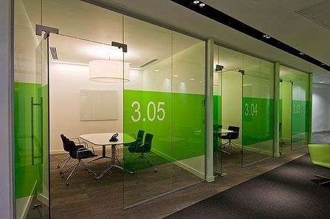 Coloured transparent stickers could give colour and privacy Office Graphics, Office Signage, Glass Office, Window Graphics, Office Space Design, Interior Office, Corporate Interiors, Office Design Ideas, Office Branding