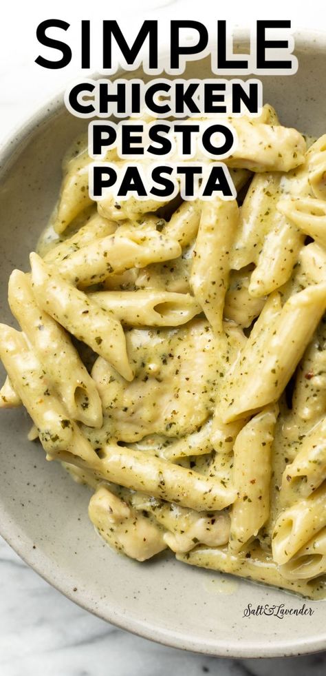 a bowl of penne in creamy sauce with text overlay that reads simple chicken pesto pasta Best Chicken Pesto Pasta Recipes, Chicken And Pesto Pasta Recipes, Creamy Pesto Chicken Pasta Recipes, One Pot Creamy Pesto Chicken Pasta, Creamy Basil Pesto Chicken Pasta, Easy Pasta Healthy, Chicken Pesto Pasta Instant Pot, Pesto Cream Chicken, Quick Pesto Sauce