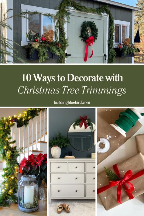 10 Unique ways to decorate for Christmas using tree trimmings Christmas Trimming Decor, What To Do With Christmas Tree Trimmings, Christmas Tree Clippings Ideas, Tree Clippings Ideas Christmas, Christmas Tree Trimming Ideas, Christmas Arrangements Diy, Ways To Decorate For Christmas, Joyful Design, Christmas Tree Trimming