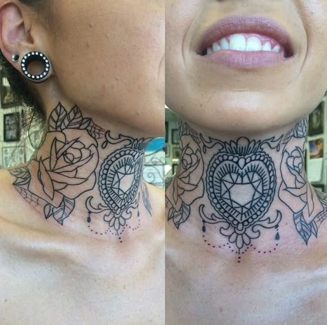 Thee most beautiful throat/neck tattoo I've ever seen  want!!! artist ig: @candeeo Neck Tattoos Feminine, Women’s Front Neck Tattoo, Mandala Neck Tattoos Women, Diamond Throat Tattoo, Victorian Throat Tattoo, Flower Throat Tattoos Women, Line Work Neck Tattoo, Female Front Neck Tattoo Ideas, Front Neck Tattoos Women Simple