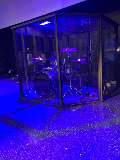 Diy Drum Cage, Electronic Drums Room, Drum Studio Design, Drum Practice Room, Drum Studio Music Rooms, Drum Cage, Church Welcome Center, Music Room Design, Church Furniture