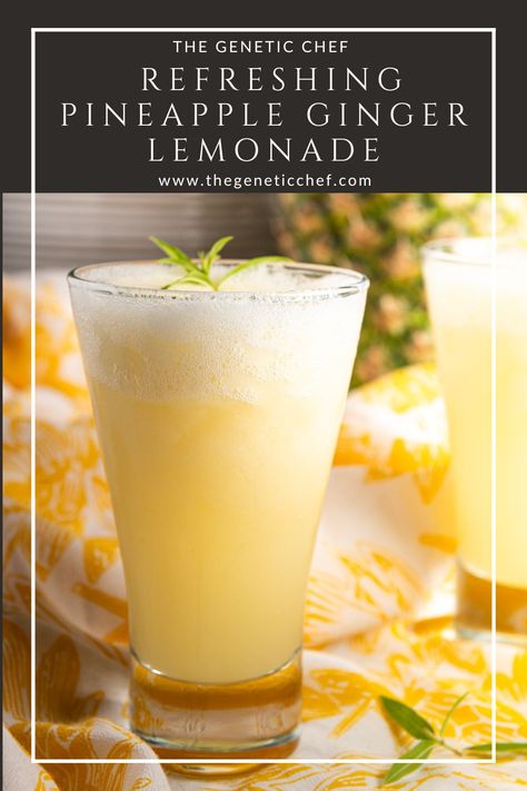 Pineapple Ginger Lemonade is a refreshing slushy drink that’s perfect for summer. Simply blend all the ingredients and enjoy. Spike it up for a delicious cocktail. #lemonade #pineapple #pineappleginger #drinks | @thegeneticchef Pineapple Ginger Lemonade, Jalapeno Lemonade, Southern Drinks, Ginger Ale Drinks, Drinks With Pineapple Juice, Slushy Drinks, Lemonade Diet, Pineapple Ginger, Ginger Lemonade