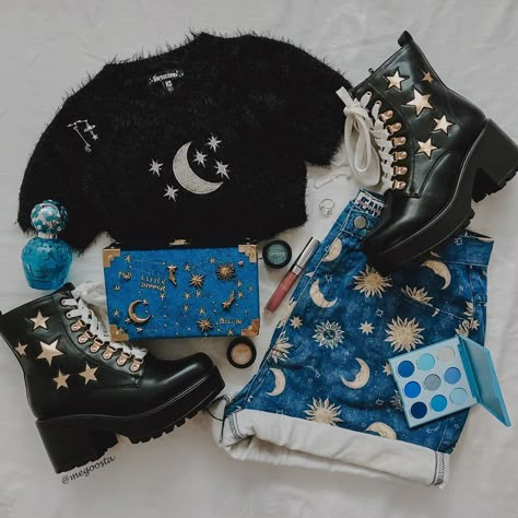 CHEE on Instagram: “1,2 or 3? Outfits for the moon child 🌛 @dollskill #dollskill” Vintage Space Outfit, Cute Moon Outfits, Moon Aesthetic Clothing, Moon Core Outfits, Moon Witch Outfit, Planet Inspired Outfits, Moon Girl Aesthetic Outfits, Cosmiccore Outfits, Cosmic Core Outfits