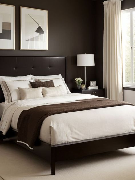 Create a bold statement in your bedroom by painting one wall in a dark brown color. Pair it with elegant white furniture, like a tufted headboard and matching nightstands, for a sleek and modern look. Chocolate Brown Bedroom Walls, Dark Brown Headboard, Bedroom Feature Wall, Bedding Color, Brown Accent Wall, Brown Bedroom Decor, Fall Bedroom Ideas, Brown Headboard, Ny Apartment