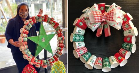 Starbucks Cup Wreath, Starbucks Wreath, Making Holiday Wreaths, Starbucks Crafts, Noel Decor, Inexpensive Holiday Gifts, Starbucks Coffee Cup, Coffee Decor, Winter Vibes