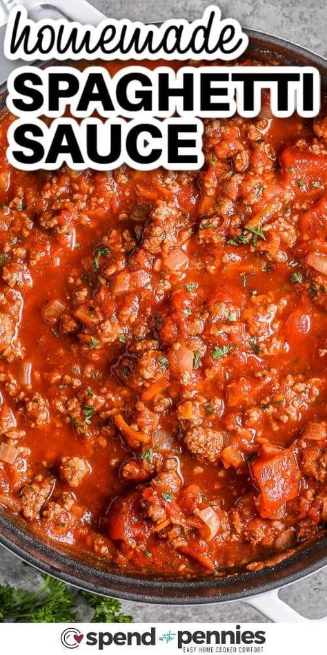 Make this homemade spaghetti sauce for a quick weeknight dinner! In under an hour, this zesty sauce is ready to serve on pasta with a fresh salad and garlic bread. Or, use this sauce in stuffed peppers, lasagna, chicken parmesan, or zucchini boats! #spaghettisauce #homemade #meatsauce #spendwithpennies Spagetti Sauce Recipe, Speggetti Recipes, Making Spaghetti Sauce, Lasagna Chicken, Best Spaghetti Recipe, Homemade Spaghetti Sauce Easy, Best Spaghetti Sauce, Homemade Spaghetti Sauce Recipe, Crisp Salad