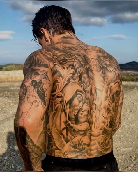 Huge Back Tattoos Men, Traps Tattoo Men, Full Back Tattoos For Guys, Lettering Back Tattoo, Half Back Tattoo Men, Christian Back Tattoos, Tattoo Art Men, Big Back Tattoos, Fully Tattooed