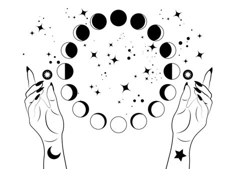 Mystical moon phases and woman hands, Triple moon pagan Wiccan goddess symbol, alchemy esoteric magic space, sacred wheel lunar cycle, vector isolated on white background Moon Cycle Drawing, Moon Portal, Wiccan Goddess, Goddess Symbol, Hipster Tattoo, Moon Phases Tattoo, Goddess Symbols, Woman Hands, Mystical Moon