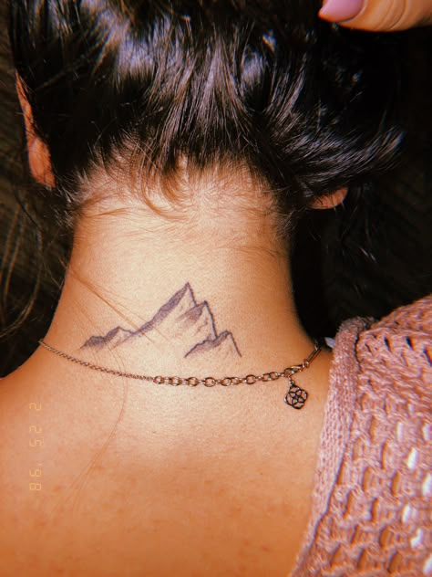 mountain tattoo on my neck Mountain Tattoo Neck, Mountain Neck Tattoo, Tattoo Berge, Minimalist Tatoos, Behind The Neck Tattoos, Climbing Tattoo, Wing Neck Tattoo, Wolf Paw Tattoos, Berg Tattoo