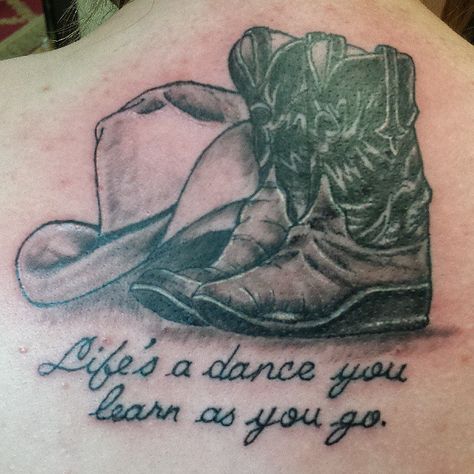 I would want this with boots and bumper spurs and in the spurs or in the boot to be the name 'Cricket' which is my horse Grandpa Tattoo In Memory Of Cowboy, Country Tattoos Ideas, Dancing Boots Tattoo, Country Memorial Tattoos, Country Girl Tattoos, Cowboy Boot Tattoo, Horse Tattoos, Horse Shoe Tattoo, Cowgirl Tattoos