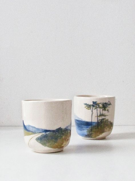 Pottery Painting Ideas Landscape, Pottery Painting Landscape, Slip Painting Ceramics, Landscape Mug, Pottery Painting Designs Mugs, Pottery Landscape, Peters Pottery, Landscape Ceramics, Landscape Pottery