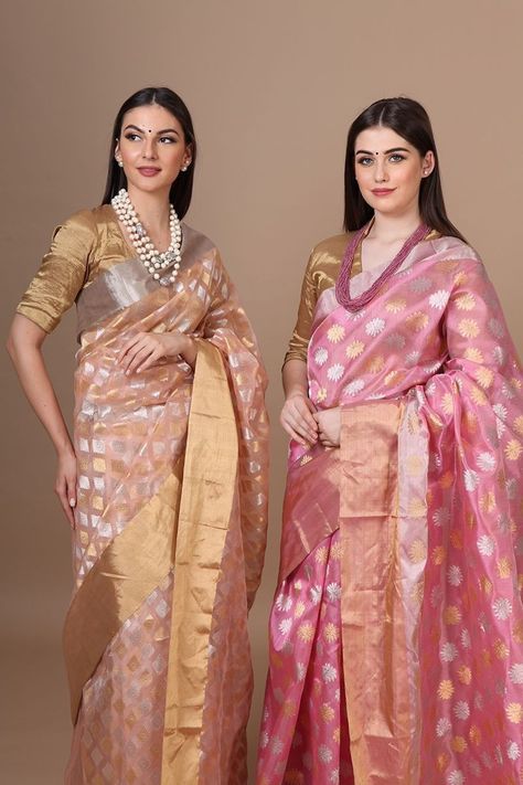 Chanderi Katan Silk Sarees, Chanderi Saree Blouse Design, Designer Chanderi Saree, Saree Thoughts, Chanderi Pattu Sarees, Pure Organza Silk Sarees, Pure Banarasi Silk Sarees, Pink Silk Saree, Designer Silk Saree