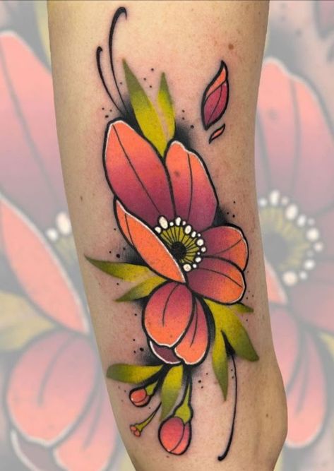 Neotraditional Japanese Tattoo Design, New School Flower Tattoo Design, Lotus Neotraditional Tattoo, Neo Trad Flower Tattoo Design, Small Neotraditional Tattoo Design, Neotraditional Flowers Tattoo, Neo Traditional Tattoos Color, Small Colour Tattoo Designs, Neotrad Flower Tattoo