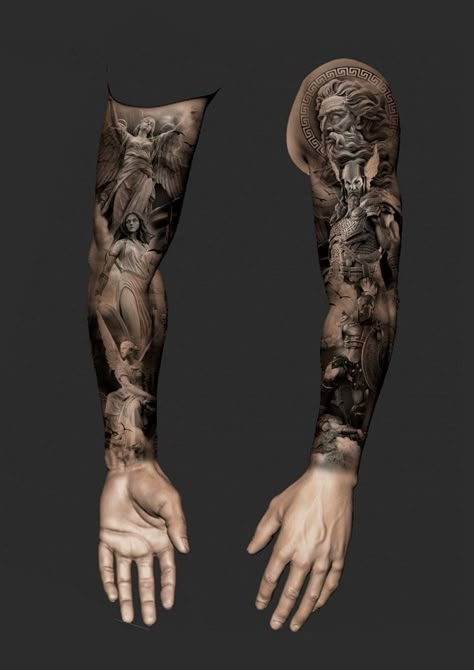 Tattoo Ideas Full Hand, Wealthy Tattoo Ideas, Best Realistic Tattoo, Guys With Sleeve Tattoos, Tattoo Full Arm Men, Ancient Greek Tattoo Sleeve, Tattoo Full Hand Men, Zues Tattoo Designs, Best Sleeve Tattoos Men Unique