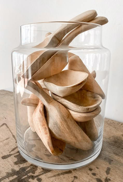 The perfect scoop to be used for decoration or add it to your favorite bon bon jar. Measures: 9" Long Decorative Canisters For Kitchen, Decor Pieces Accessories, Wood Scoop Decor, Wood Scoop, Ceramic Scoop, Wooden Canisters, Flour Scoop, Coastal Kitchen Decor, Hand Carved Wooden Coffee Scoop