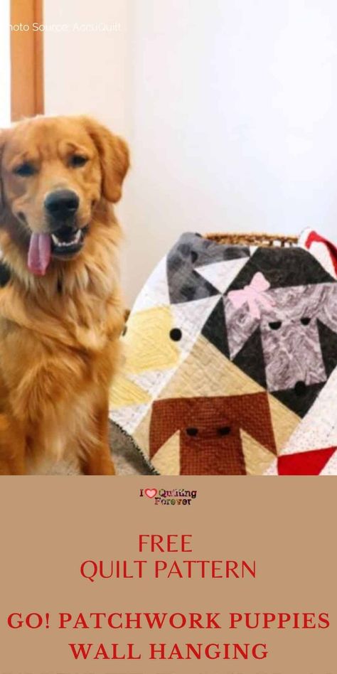 Free Quilt Pattern: GO! Patchwork Puppies Wall Hanging Quilt Dog Quilt Patterns, Beginner Quilt Patterns Free, Wall Hanging Quilt, Wall Hanging Pattern, Hanging Quilts, Quilt Square Patterns, Dog Quilts, Animal Sewing Patterns, Beginner Quilt Patterns