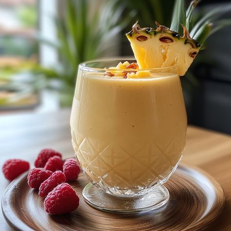 Pina Colada Smoothie 🍍🥥 The Pina Colada smoothie is a refreshing tropical drink that evokes a holiday under the palm trees. With its combination of exotic fruits and creamy texture, it's perfect for treating yourself at any time of day. Ingredients : - 200 g fresh or canned pineapple, drained - 150 g natural yogurt or coconut yogurt - 100 ml coconut milk - 1 ripe banana - 1 tablespoon honey or agave syrup (optional) - 1/2 cup crushed ice - A few mint leaves for decoration (optional) Prepar... Pina Colada Smoothie, Canned Pineapple, Natural Yogurt, Agave Syrup, Tropical Drink, Coconut Yogurt, Exotic Fruit, Mint Leaves, Ripe Banana