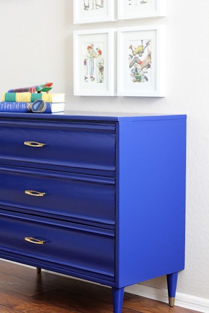 The paint color is Benjamin Moore's Admiral Blue in Satin. Blue Painted Furniture, Blue Dresser, Green Desk, Blue Furniture, Modern Dresser, Redo Furniture, Furniture Inspiration, Furniture Projects, Interior Design Trends