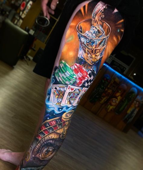 Gambling leg sleeve by Derek Turcotte, an artist working at Electric Grizzly Tattoo in Alberta, Canada. Arm Tattoos Music, Tattoo Gambling, Hockey Tattoos, Canada Tattoo, Casino Tattoo, Hockey Canada, Tattoo Leg, Cool Arm Tattoos, Music Tattoo Designs