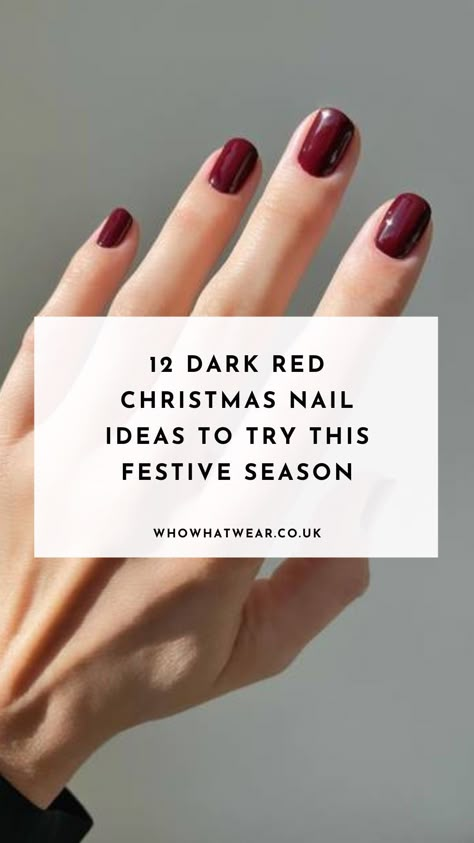 Dark red Christmas nails (aka mulled-wine nails) are already trending for the festive season. See the best dark red nail polish and manicure ideas here. Dark Cherry Red Nail Polish, Xmas Sns Nails, Christmas Dark Red Nails, Winter Wine Nails, Christmas Nails Wine Red, Winter Nails Dark Red, Cranberry Nail Polish, Wine Red Christmas Nails, Blood Red Nail Polish