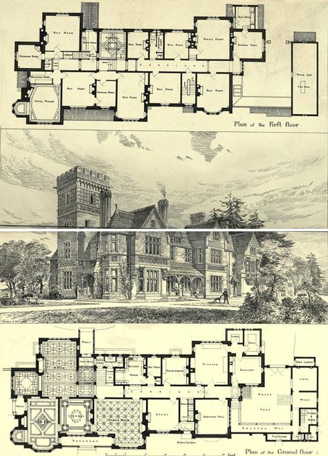 1881 – Yattendon Court, Newbury, Berkshire – Archiseek – Irish Architecture French Chateau Floor Plans, Chateau Floor Plans, Gothic House Plans, Manor Floor Plan, Castle Floor Plan, Victorian Manor, Victorian House Plans, Country Gentleman, Old Mansion