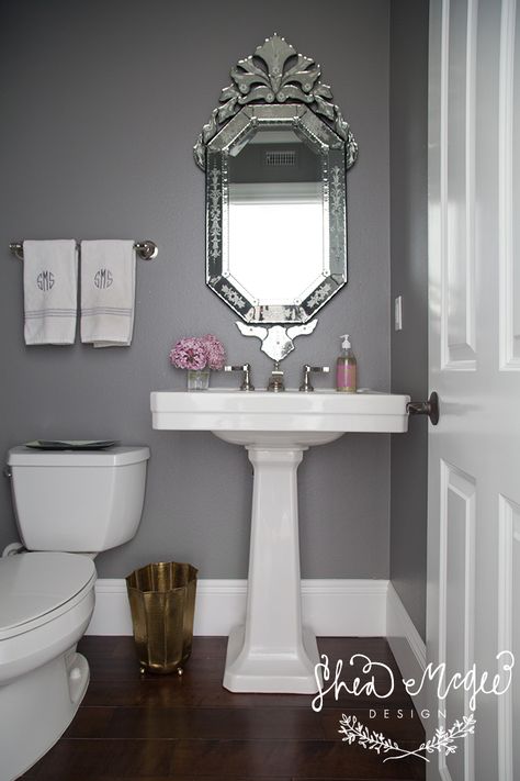 Chelsea Gray - Benjamin Moore; this the paint color I need for bathroom and Master bedroom Chelsea Gray, Powder Room Makeover, Dekorasi Kamar Tidur, Pedestal Sink, Half Bathroom, Bad Design, Trendy Bedroom, Grey Bathrooms, Half Baths