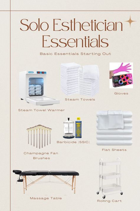 A few essentials for Solo Estheticians just starting out. Stay tuned to see how to elevate your spa bed! Spa Room Ideas Estheticians, Esthetician Room Supplies, Spa Room Ideas, Esthetician Supplies, Esthetician Inspiration, Facial Room, Medical Esthetician, Esthetician School, Spa Bed