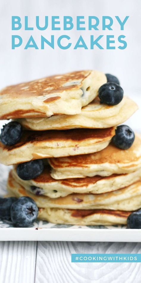 American blueberry pancakes are a fantastic, easy breakfast recipe all the family will love. They’re light and fluffy and bursting with fresh blueberries, and so simple to make even kids can help. #pancakes #pancake day #blueberry pancakes #easy recipe #cooking with kids #easy #recipe Pancakes For Babies Recipes, Pancakes Easy Recipe, Blueberry Pancakes Easy, Cooking With Kids Easy, Blueberry Pancakes Recipe, Baby Pancakes, Easy Breakfast Recipe, Pancake Day, Pancakes Easy