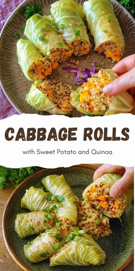 Cabbage Rolls Recipe Ingredients: For the Cabbage Rolls: Cabbage: 1 Chinese cabbage (Napa cabbage) or regular cabbage Quinoa: 2 oz (60g, 1/3 cup) Water: 6 fl oz (160ml, 2/3 cup) Onion: 1, chopped Garlic: 1 clove, minced Mushrooms: 1 cup (125g), chopped Sweet Potato: 1 small, grated Italian Herbs: 1/2 tsp Salt: To taste #Cabbage #Rolls Sweet Potato And Quinoa, Napa Cabbage Recipes, Vegetable Bake Recipes, Cabbage Recipes Healthy, Quinoa Recipe, Italian Herbs, Cabbage Rolls Recipe, Vegetable Noodles, Spicy Tomato Sauce