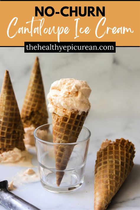 An ice cream cone filled with cantaloupe ice cream with cones upside down and laying flat in the backdrop. Cantaloupe Ice Cream, Blender Ice Cream, Sweet Condensed Milk, Ice Lollies, Ice Cream Maker Recipes, Ice Cream Mixture, Ice Cream Pops, Refreshing Desserts, Ice Lolly